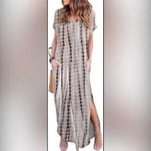 Gray and White Maxi Sundress with Slit